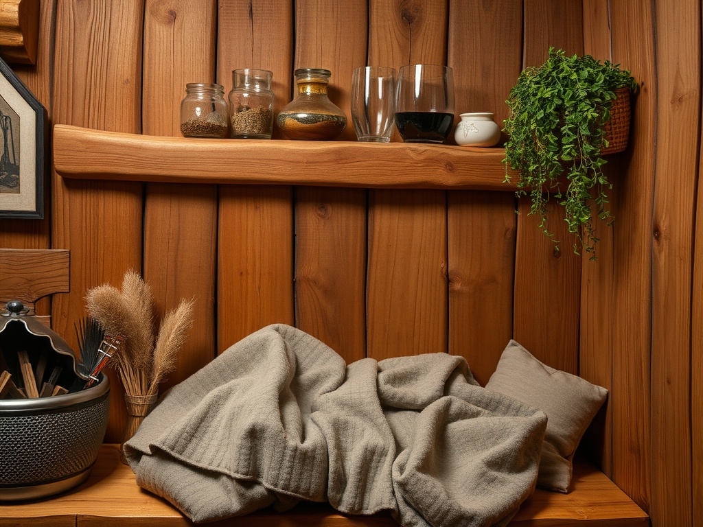 Уютный уголок с деревянными стенами, полкой, полотенцем и растением. Спокойная атмосфера и уют.