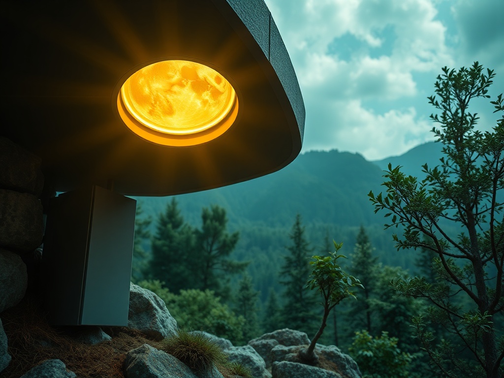 Светящийся объект в форме круга освещает горный пейзаж среди зелёных деревьев и облачного неба.