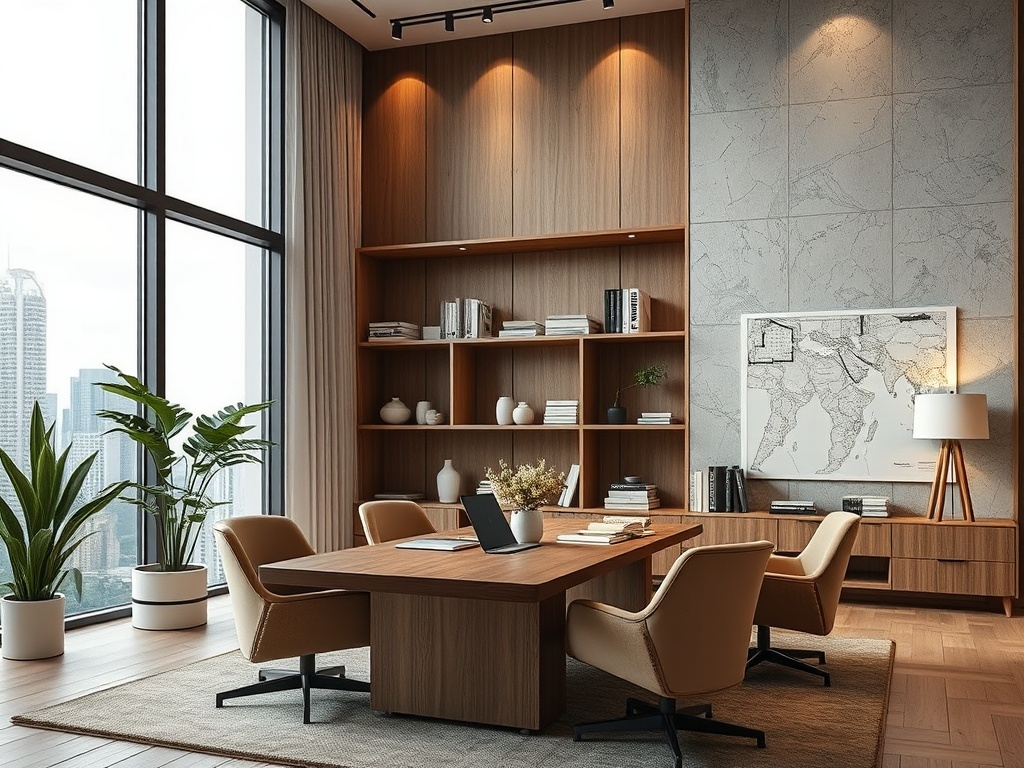 Современный офис с деревянным столом, стульями и книжными полками; большие окна с видом на город.