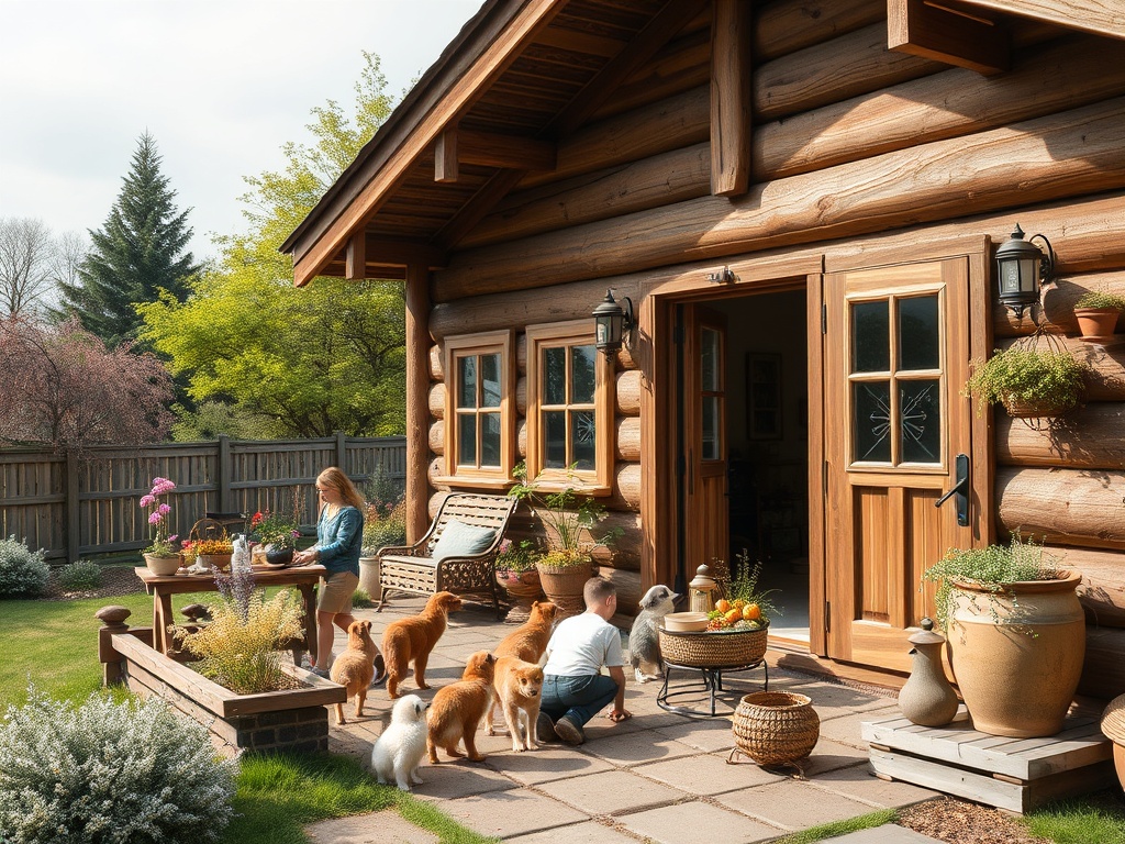 На заднем дворе деревянного дома женщина с ребенком и собаками ухаживают за растениями. Солнечный день.