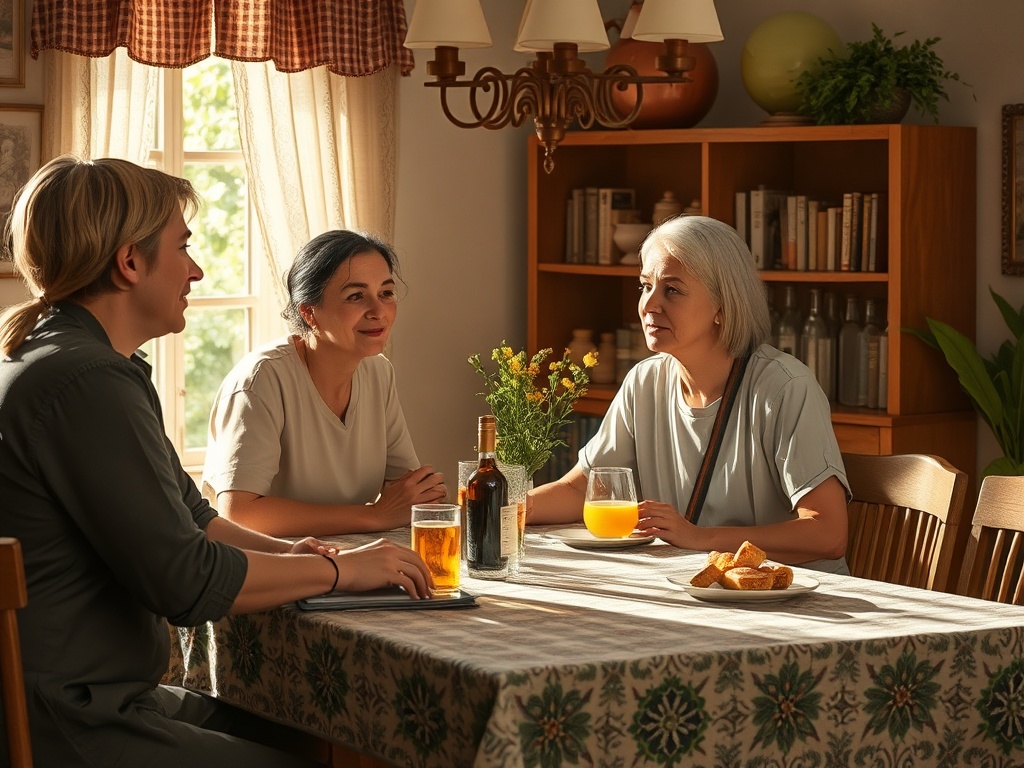 Три женщины сидят за столом, общаются и наслаждаются напитками в уютном помещении.
