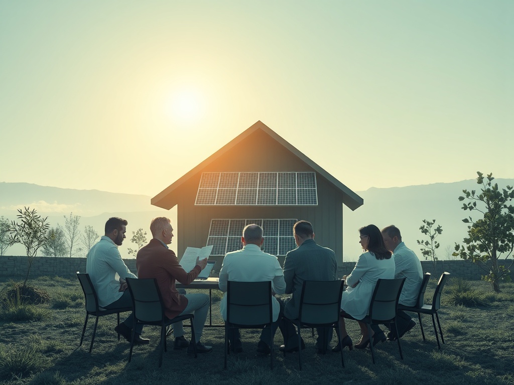 Группа людей обсуждает, сидя перед домом с солнечными панелями на фоне заката.