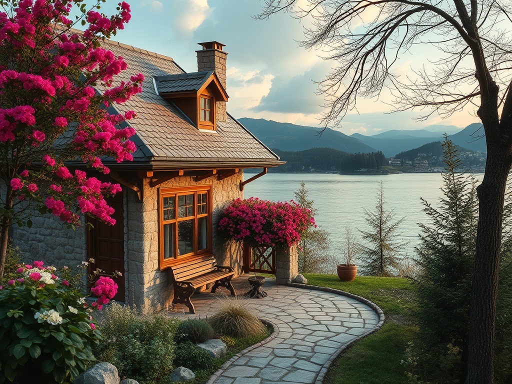 Уютный дом у озера, окружённый цветущими растениями и живописными горами на фоне. Спокойная атмосфера.