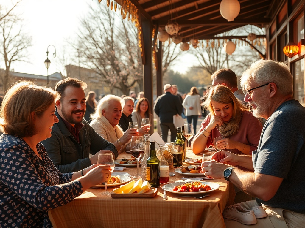 Группа людей наслаждается ужином на террасе, светит закат, атмосфера праздника и радости.