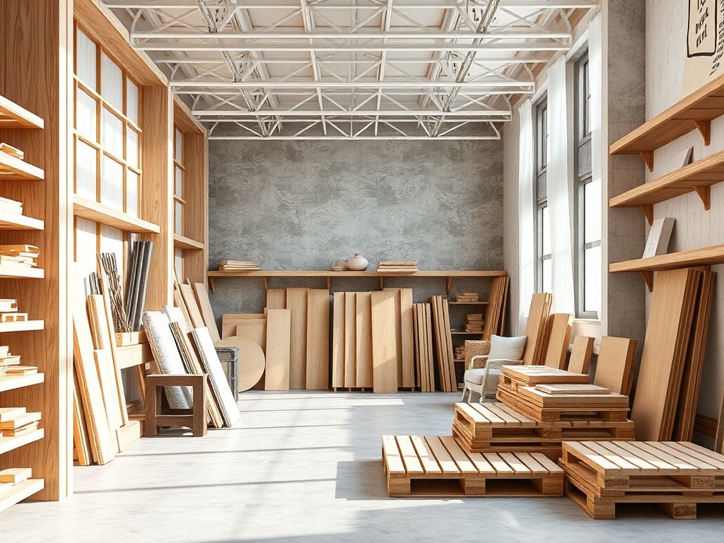 Светлое помещение с деревянными полками и досками, аккуратно расставленными по углам. Модерн и уют.