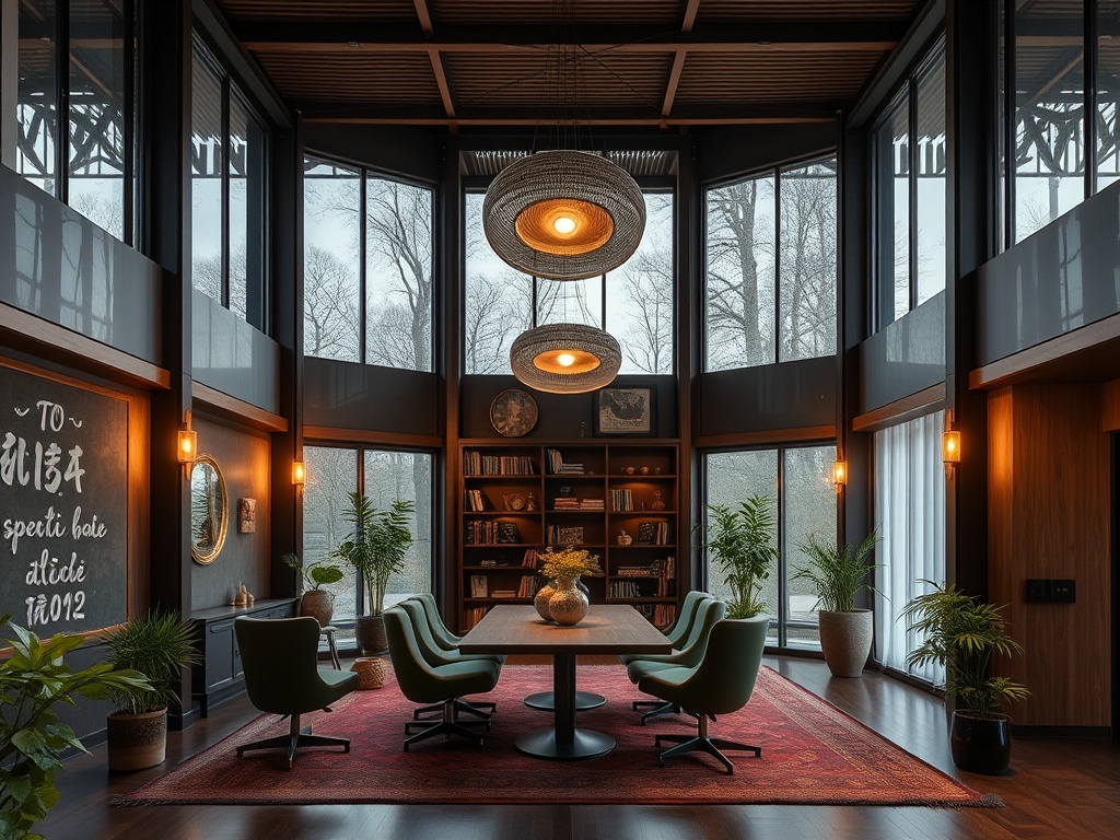 Современный офис с большими окнами, стильной мебелью и растениями, создающими уютную атмосферу.