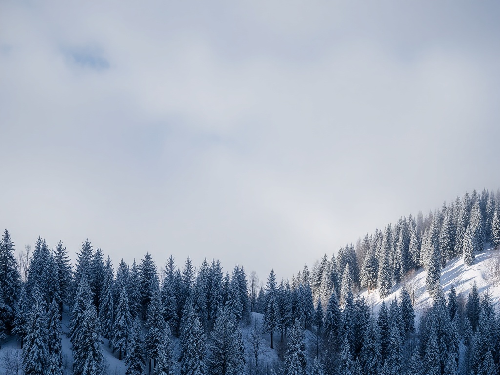 Заснеженные ели на фоне светлого неба в зимнем пейзаже. Спокойствие и красота природы.