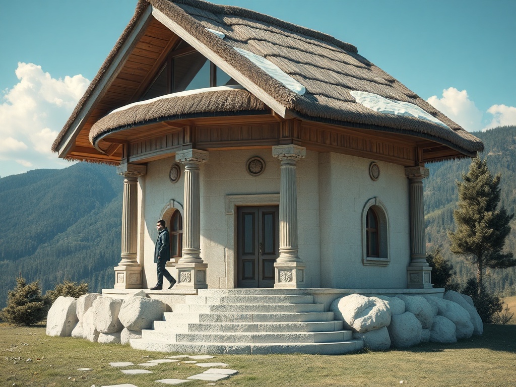 Элегантный дом с крышей из соломы на фоне гор, с человеком, стоящим на ступенях.