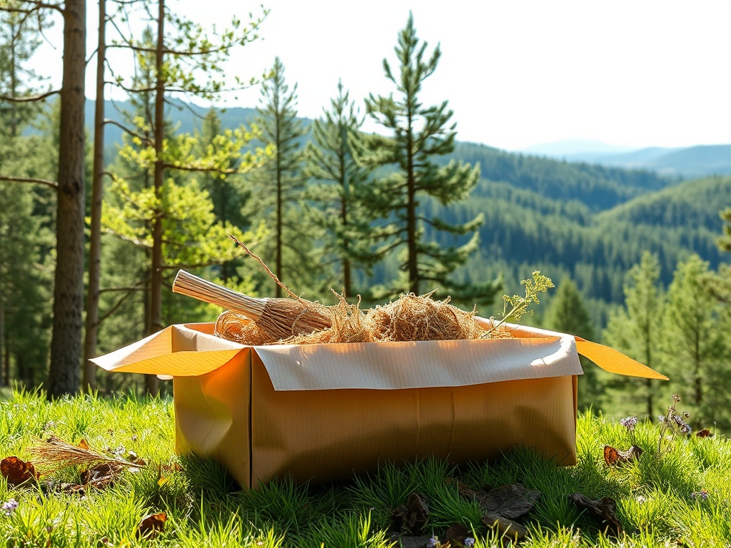 Коробка на траве в лесу, наполненная соломой и веточками, на фоне зелёных холмов и деревьев.