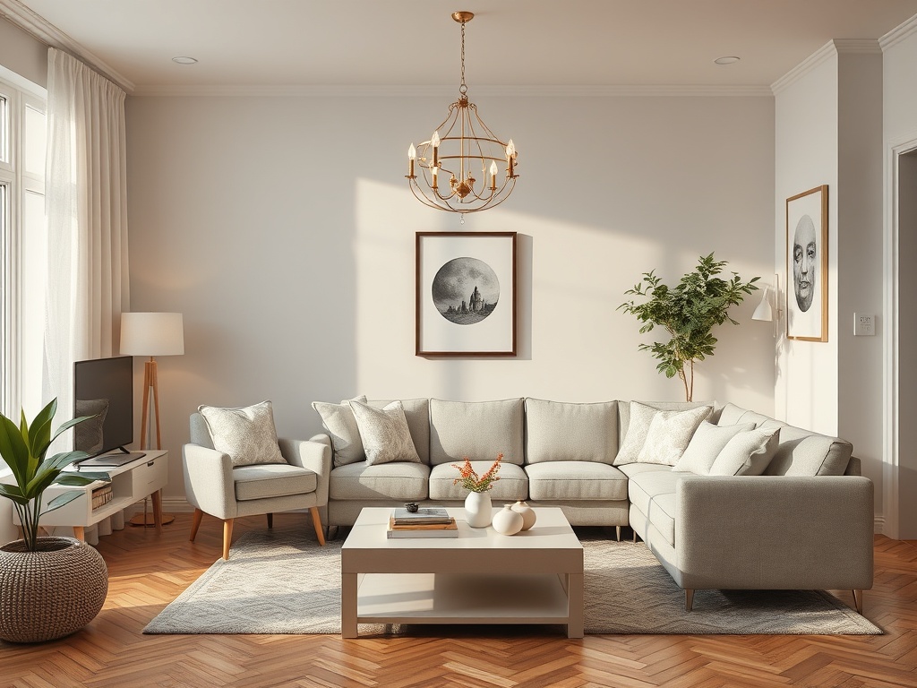 Современная гостиная с серым диваном, декоративными элементами и уютной обстановкой. Мягкий свет и растения.