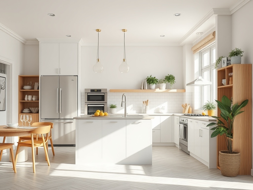 Светлая кухня с белыми шкафами, деревянным столом и растениями на полках. Стильный и современный интерьер.