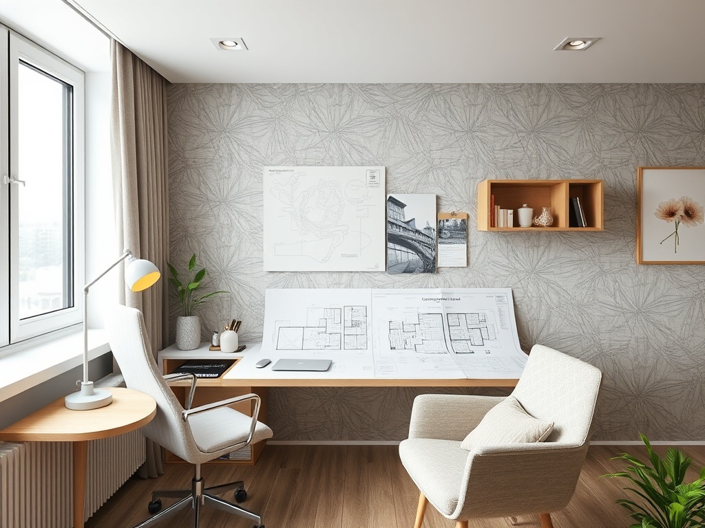 Светлый офис с настольными чертежами, светильником и уютными креслами рядом с окном.