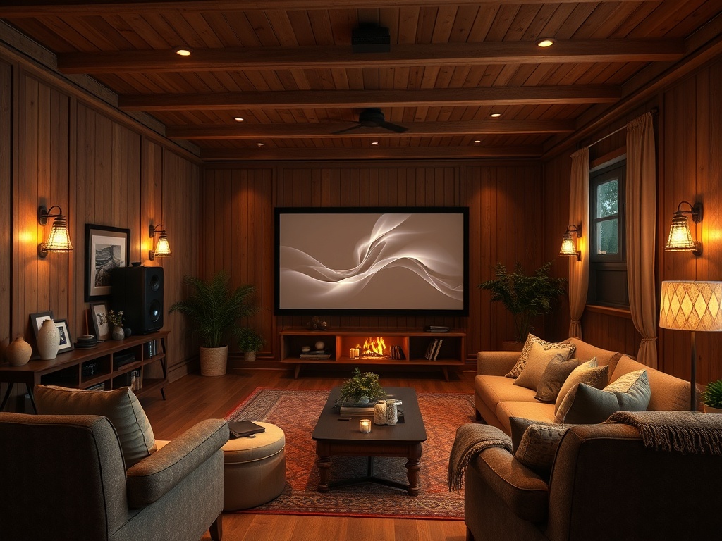 Уютная комната с деревянными стенами, телевизором и камином, оформленная в теплых тонах.