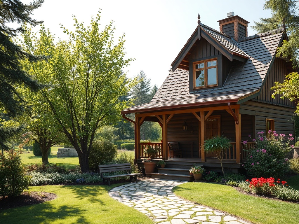 Уютный дом с красивым садом, окруженный зелеными деревьями и цветами, на солнечном деньке.