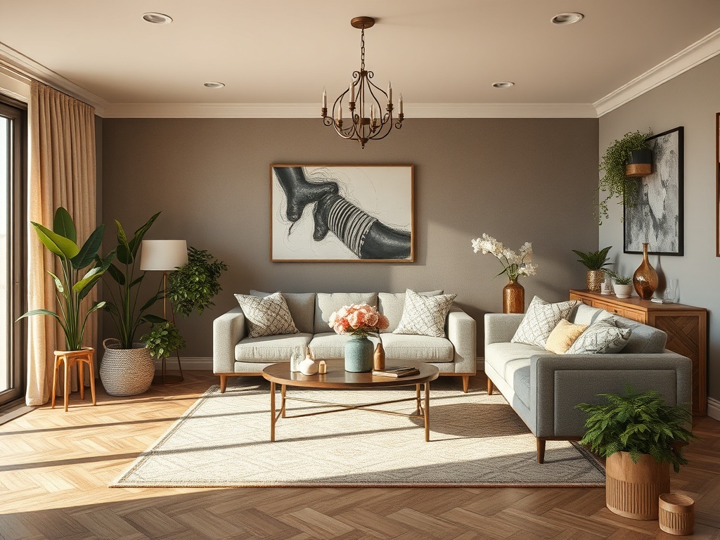 Современный светлый интерьер гостиной с удобной мебелью, растениями и художественными произведениями на стенах.