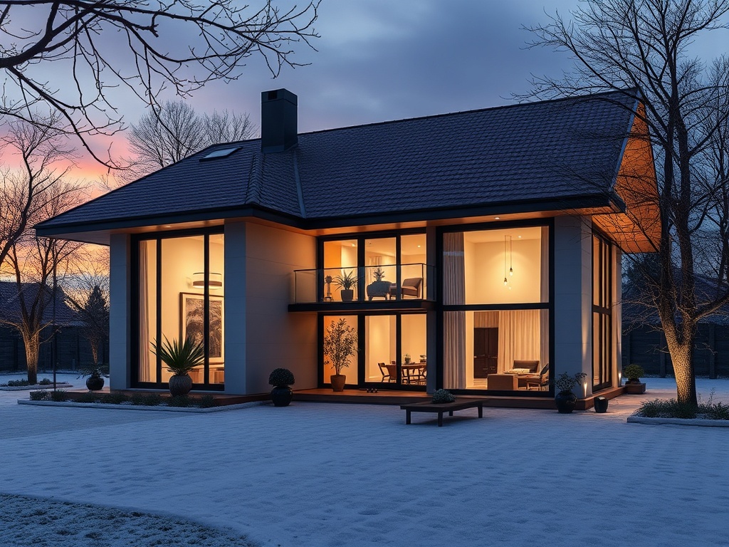 Современный дом с большими окнами, освещённый тёплым светом на фоне зимнего заката.
