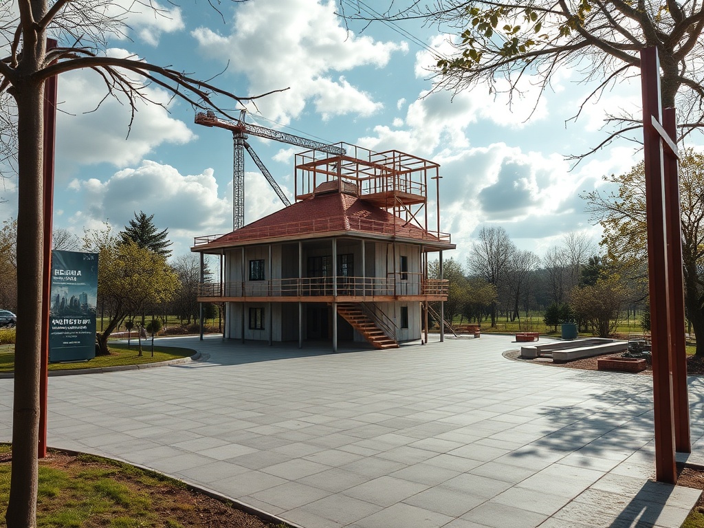 Здание в процессе строительства с красной крышей и лестницей, окруженное зелеными деревьями и облачным небом.