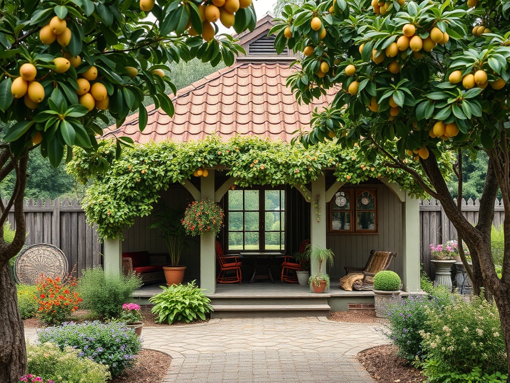 Дача с красной крышей, окруженная фруктовыми деревьями и цветами, создает уютную атмосферу отдыха.