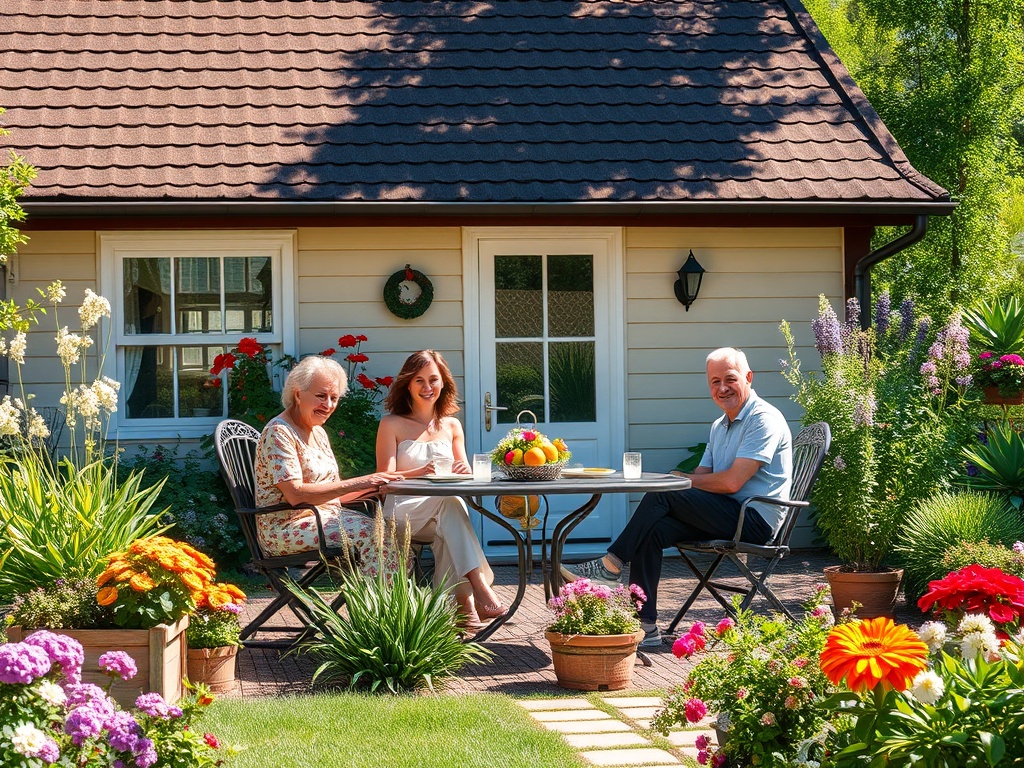 Два человека и женщина сидят за столом в саду, окруженном цветами, в солнечный день у дома.