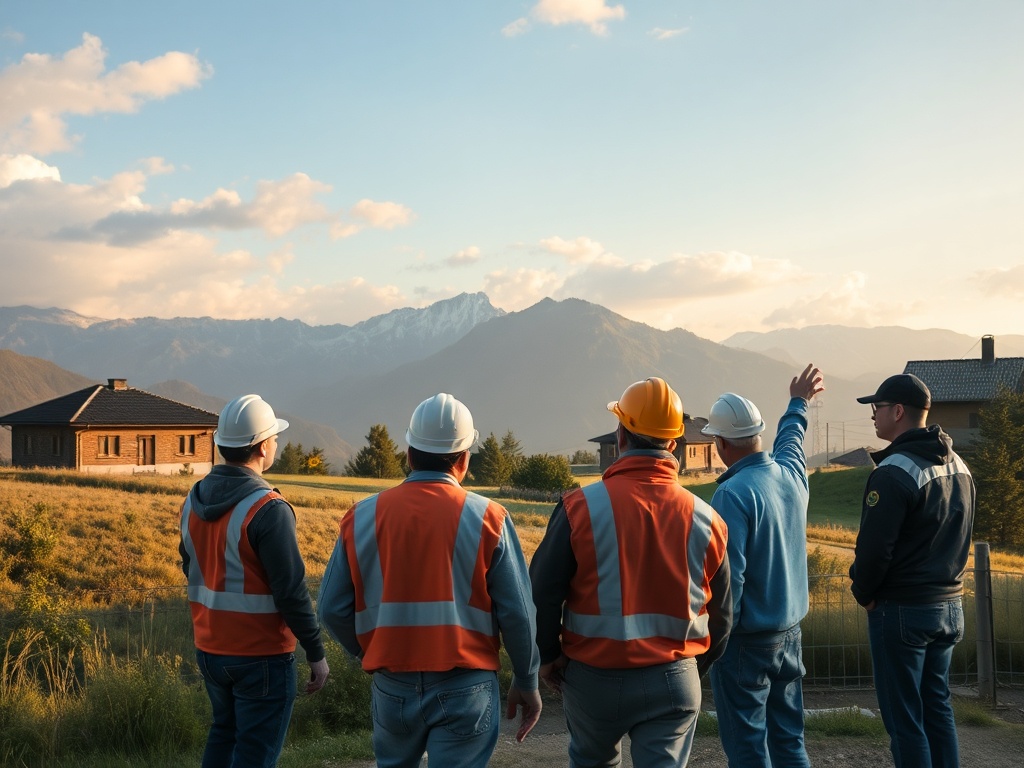 Группа строителей с касками смотрит на горы и обсуждает проект на фоне вечернего неба.