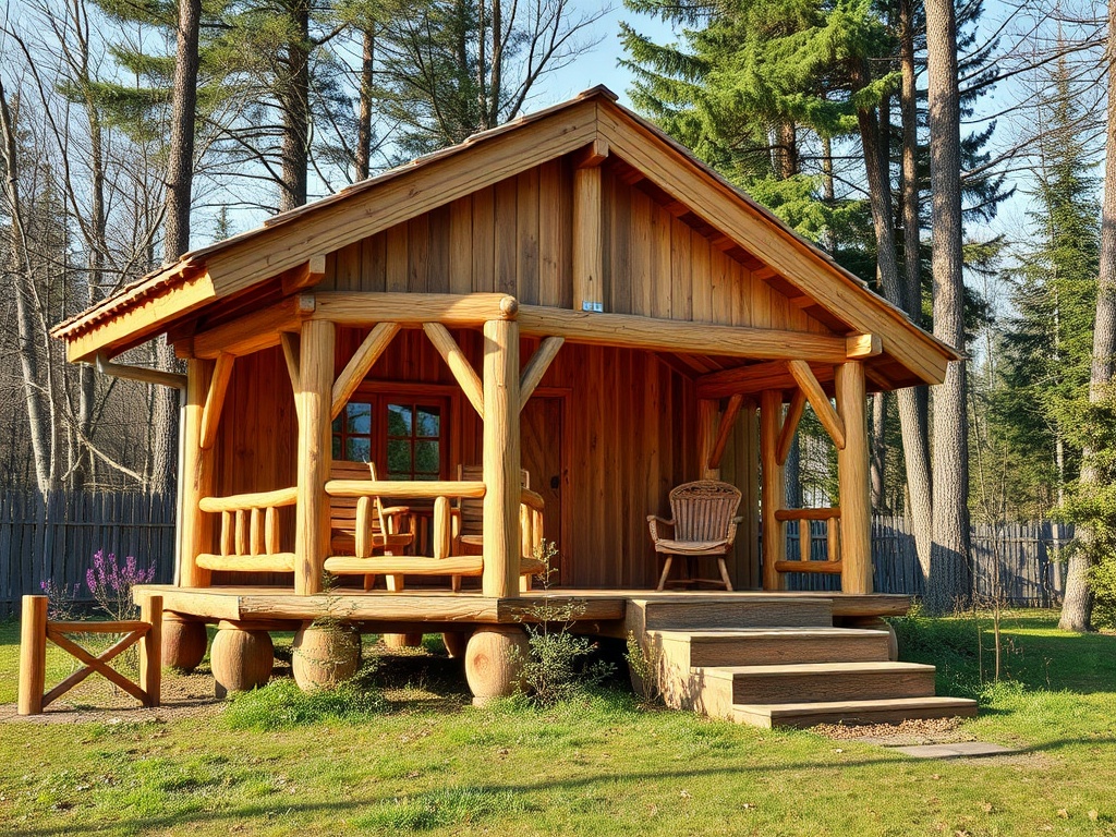 Домик из дерева с верандой и стульями, окружённый зелеными деревьями и цветами. Спокойная обстановка.