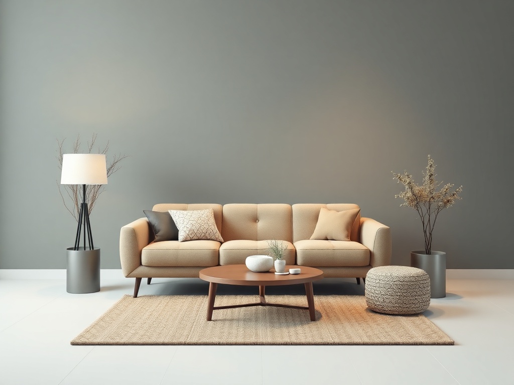 Современная гостиная с удобным диваном, журнальным столиком и лампой на фоне светлой стены.