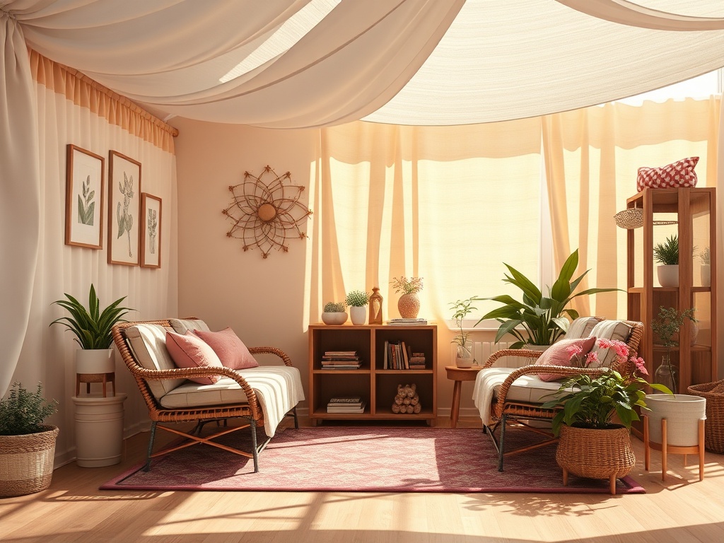 Светлая комната с растениями, мягкой мебелью и уютной атмосферой, заполненной солнечным светом.