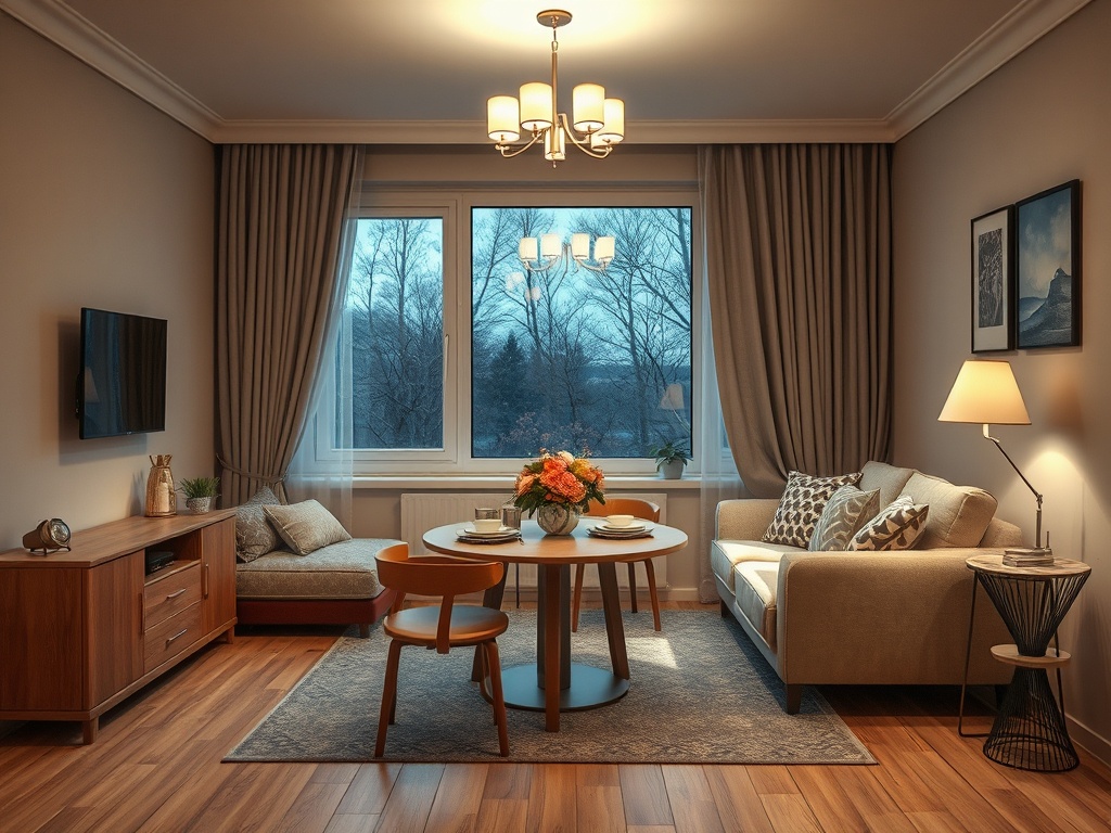 Современная гостиная с диваном, столом и большими окнами, отражающими вечерний свет. Уютная обстановка.