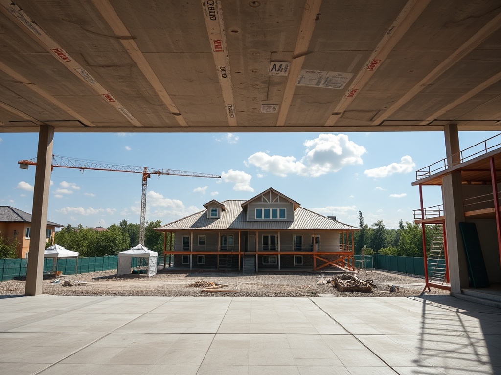 Строительная площадка с домом, краной и зеленым забором под светлым небом.