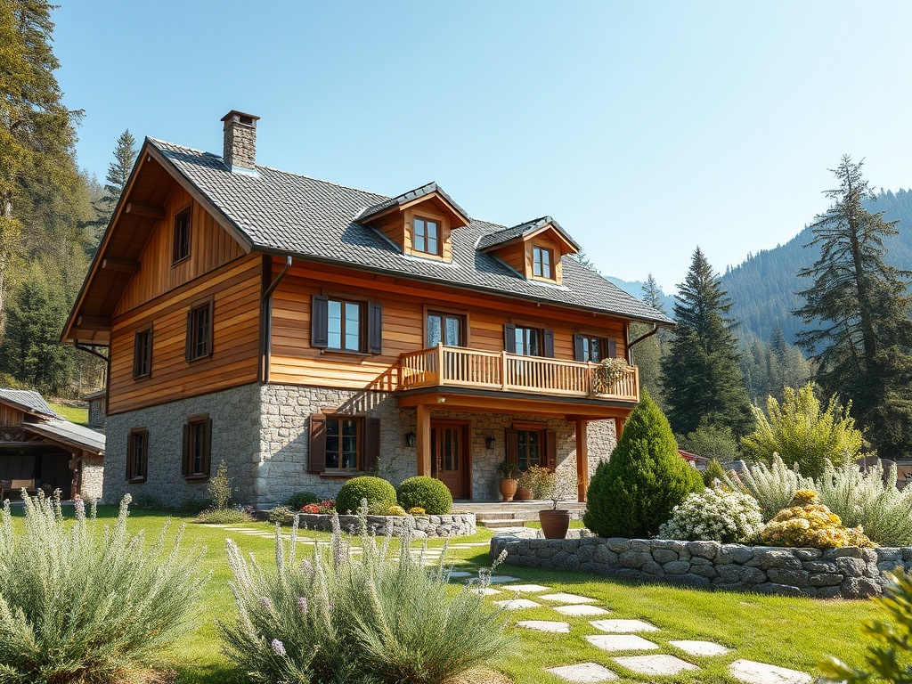Современный деревянный дом с каменными элементами на фоне гор и зелени. Уютный участок с цветами и дорожками.