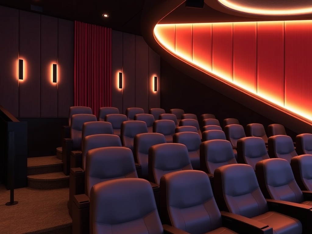 Пустой кинотеатр с уютными креслами и мягким освещением на стенах. Идеально для просмотра фильмов.
