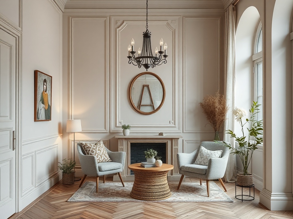 Современный интерьер с двумя креслами, круглым столом и элементами декора в светлых тонах.