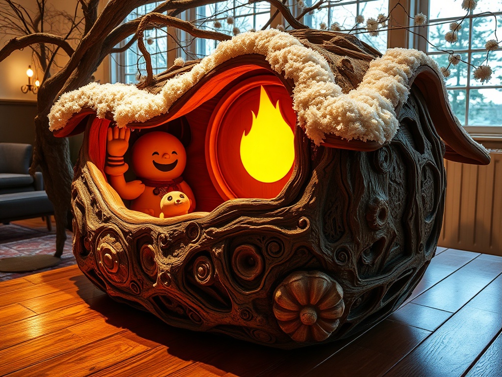 Внутри уютной домика с огнем находятся улыбающиеся персонажи, окруженные снежными украшениями.