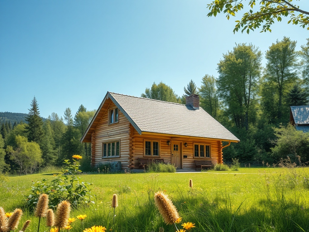 Уютный деревянный дом на лужайке, окруженный зелеными деревьями и цветами под ярким голубым небом.