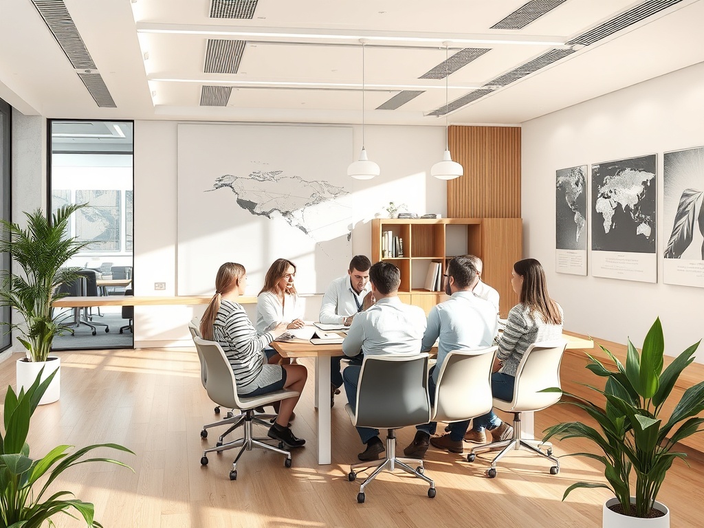 Группа людей обсуждает проект в современном офисе с большими окнами и зелеными растениями.