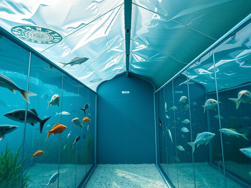 Аквариум с различными рыболовными видами, освещённый голубым светом и уютно оформленный.