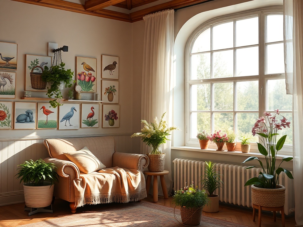 Уютный уголок с диваном, растениями и картинами на стене, наполненный солнечным светом.