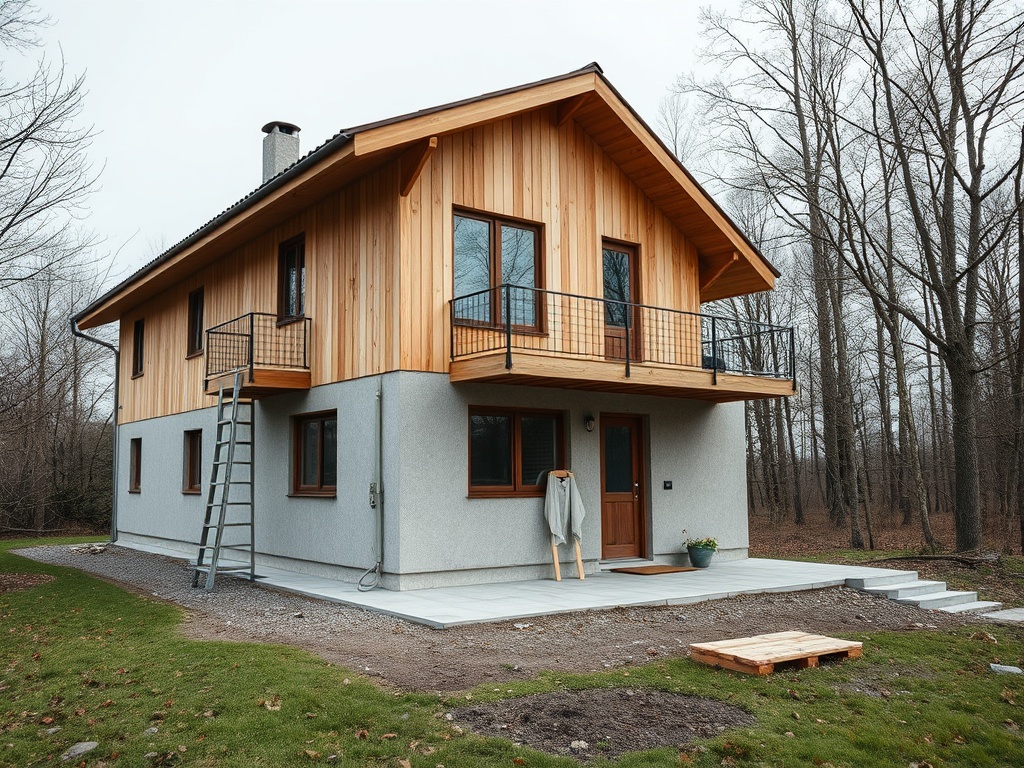 Современный дом с деревянным фасадом, лестницей и окружающим лесом. Холодная погода, серое небо.