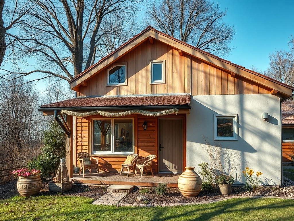 Уютный домик с деревянным фасадом, окруженный природой и цветами. Ясное небо и зелёный газон.