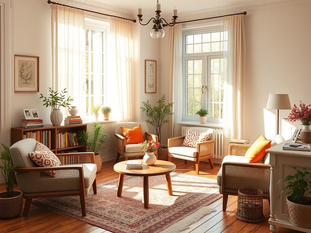 Светлая гостиная с удобной мебелью, пальмами и книгами, уютно оформленная для чтения и отдыха.